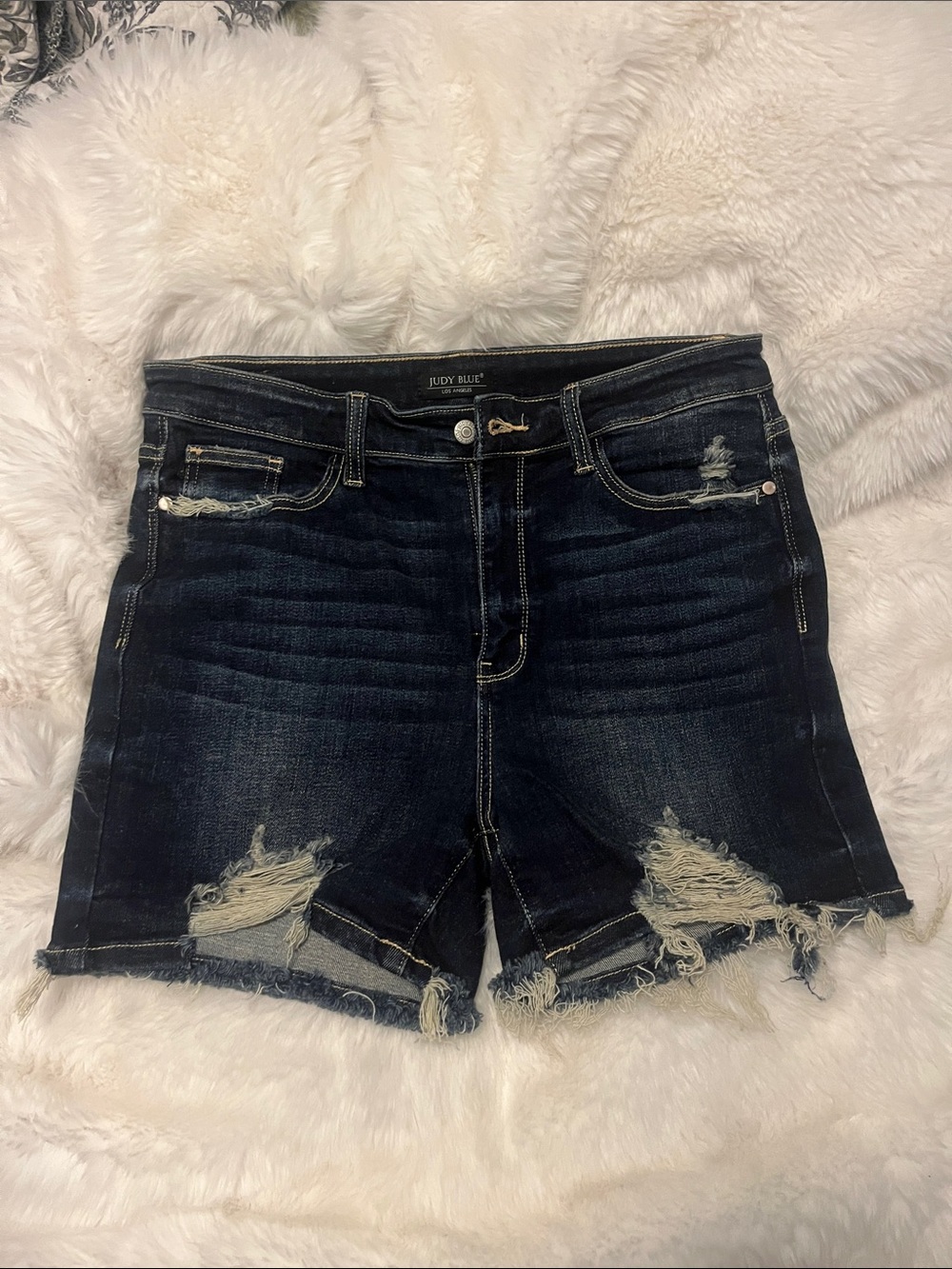 Judy Blue Raw Hem Dark Indigo Distressed Denim Shorts